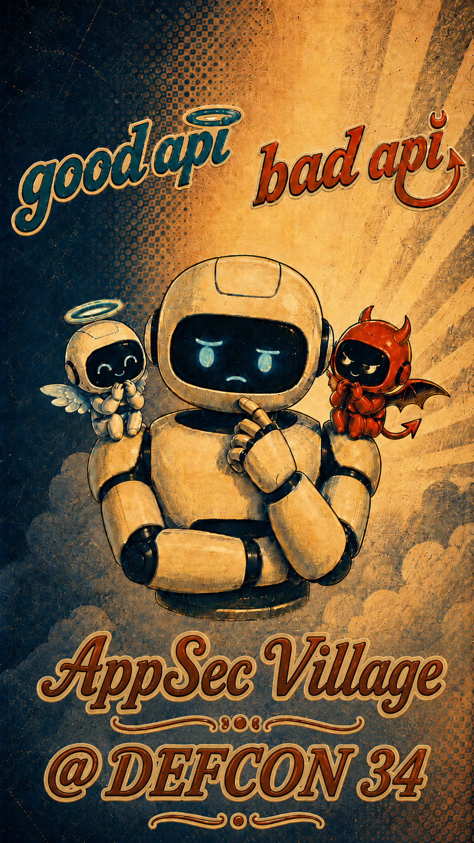 Thoughtful AI robot choosing between blue angel and orange devil advisers