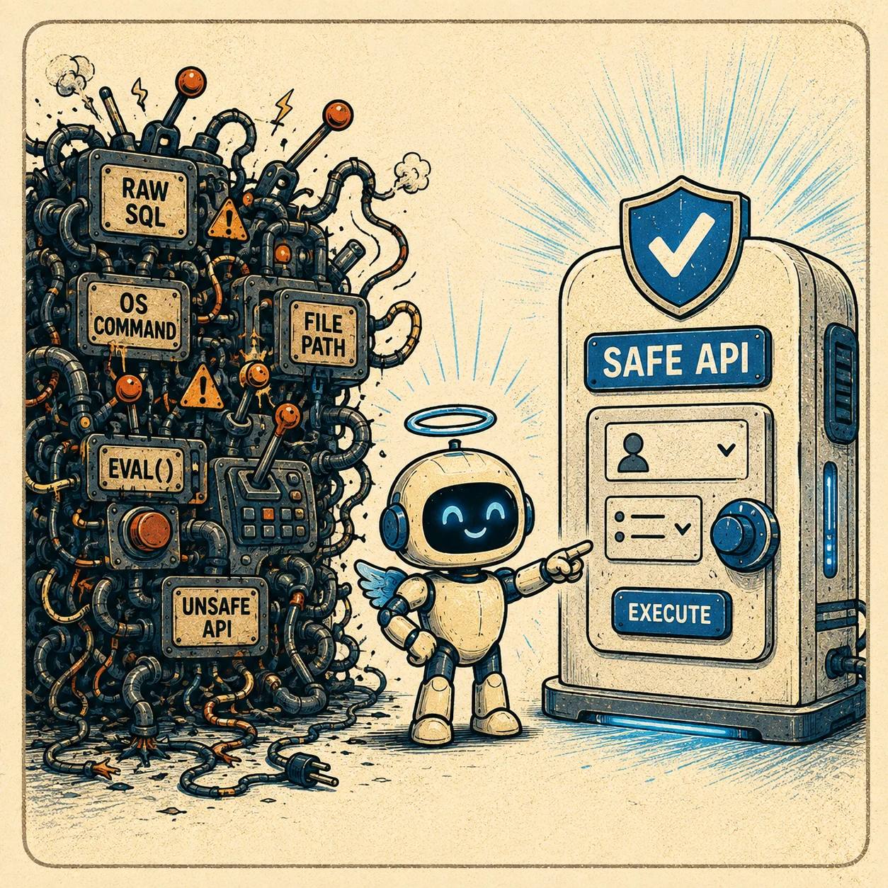 A complex dangerous machine beside a safer constrained interface