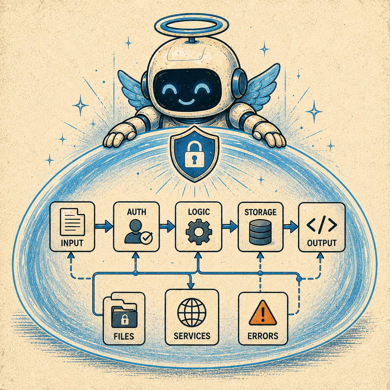 A protected feature flow from input and authorization to storage and output